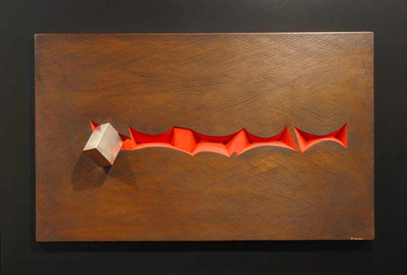 Sentiero cosmico, legno e bronzo, 2009, 55 x 80 cm